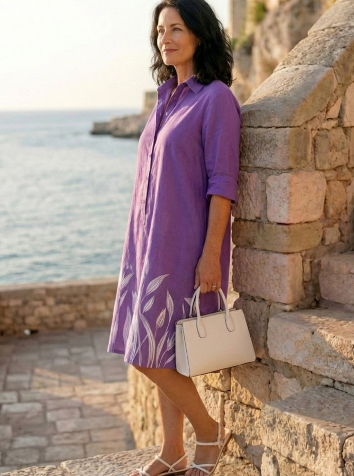 Women's Relaxed-Fit Botanical Print Collared Midi Shirtdress