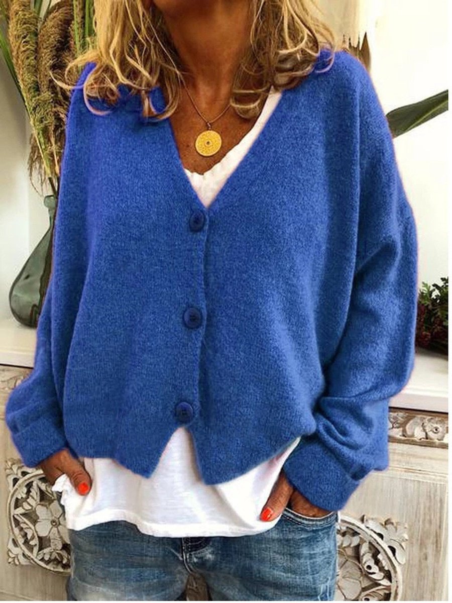 Women's Relaxed-Fit Button-Up V-Neck Knit Cardigan - Blue