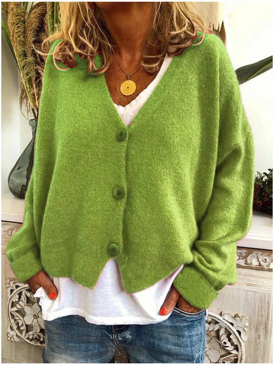 Women's Relaxed-Fit Button-Up V-Neck Knit Cardigan - Light Green
