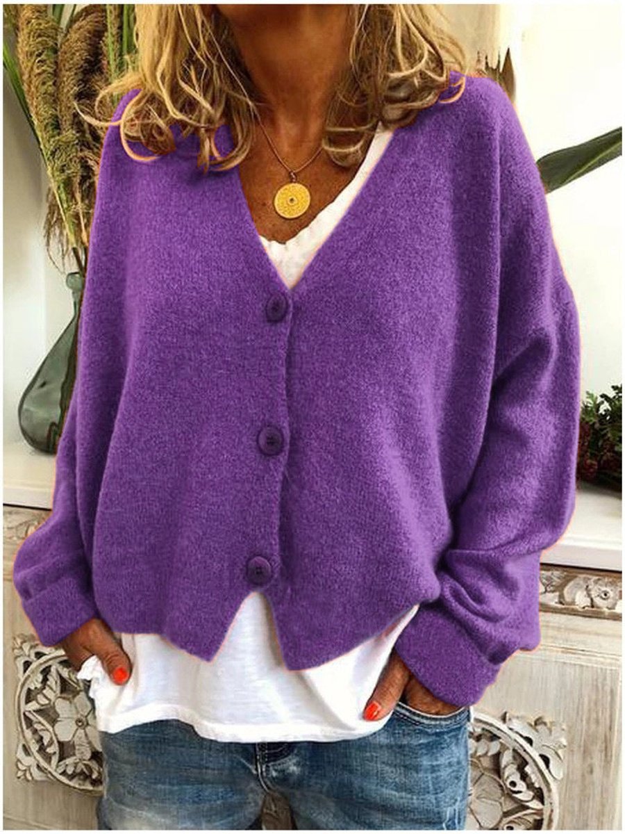 Women's Relaxed-Fit Button-Up V-Neck Knit Cardigan - Purple