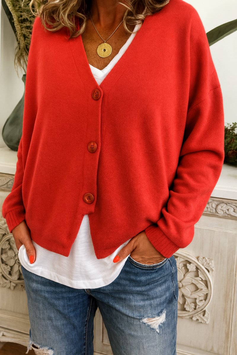 Women's Relaxed-Fit Button-Up V-Neck Knit Cardigan - Red
