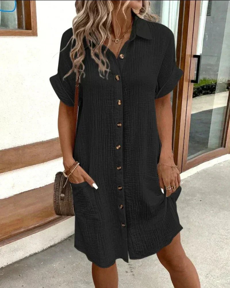 Ava | Women's Short Sleeve Button-Down Patch Pocket Shirt Dress