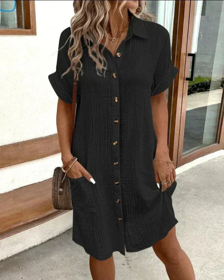 Ava | Women's Short Sleeve Button-Down Patch Pocket Shirt Dress
