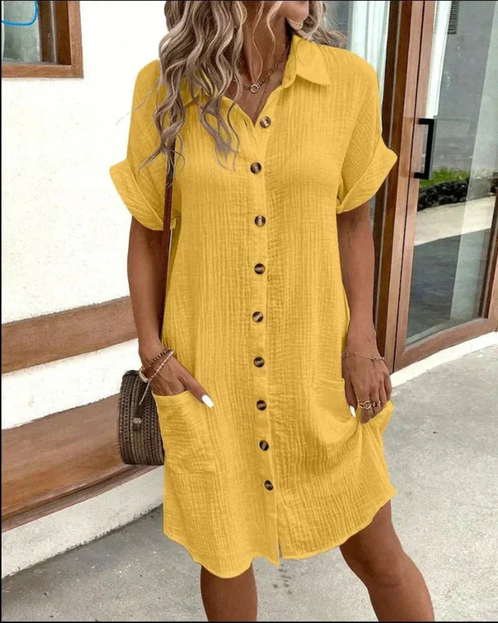 Ava | Women's Short Sleeve Button-Down Patch Pocket Shirt Dress