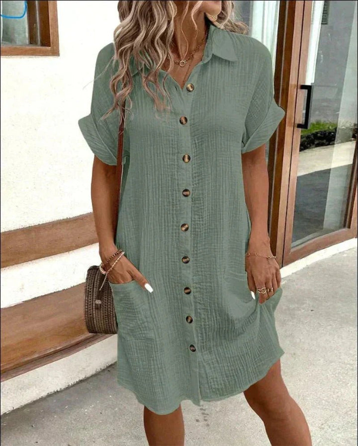 Ava | Women's Short Sleeve Button-Down Patch Pocket Shirt Dress