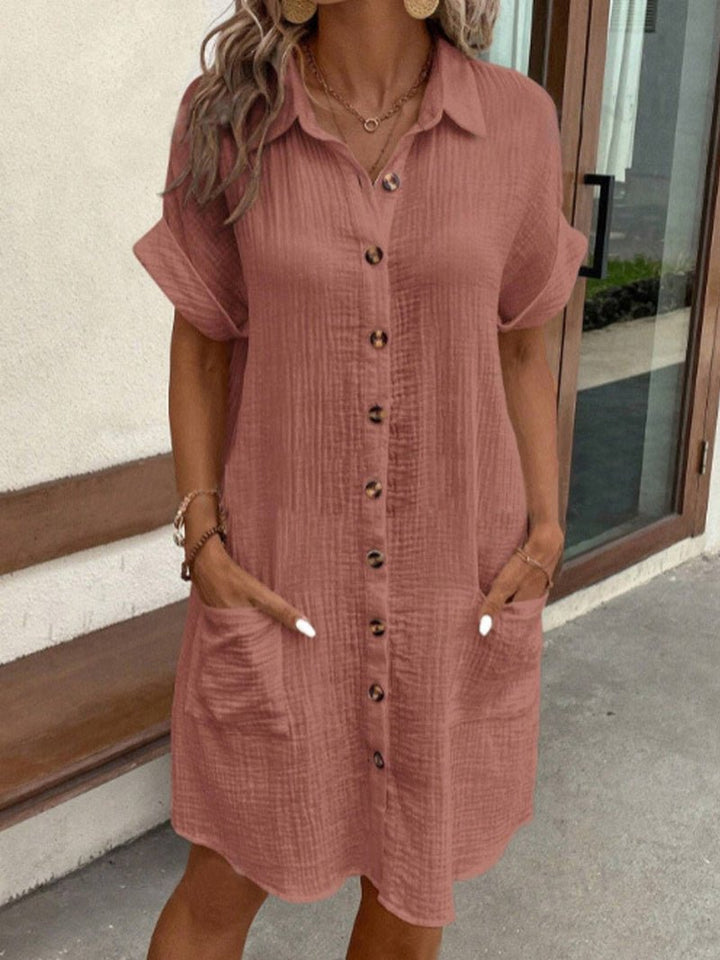 Ava | Women's Short Sleeve Button-Down Patch Pocket Shirt Dress