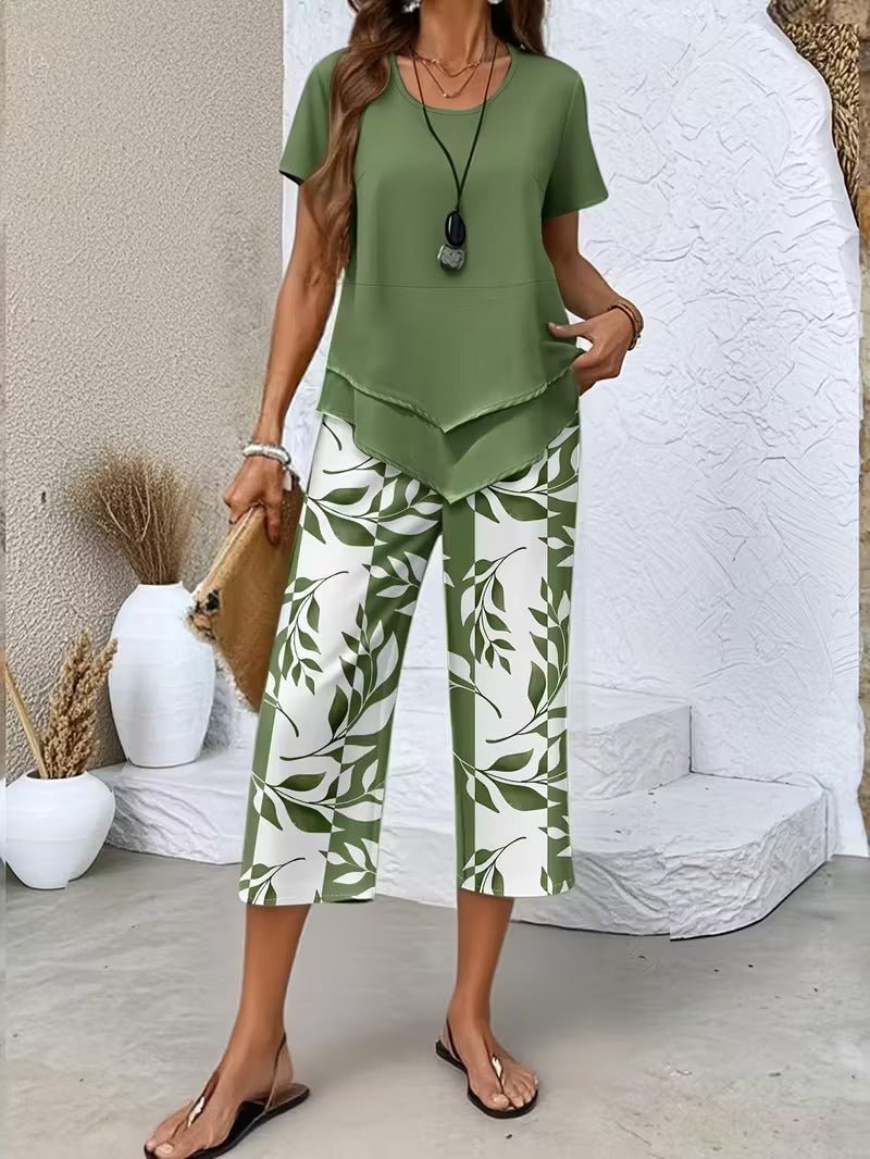 Evie | Women's Short Sleeve Layered Top Leaf Print Co-ord Set