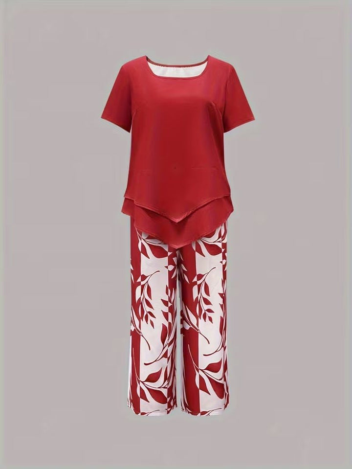 Evie | Women's Short Sleeve Layered Top Leaf Print Co-ord Set