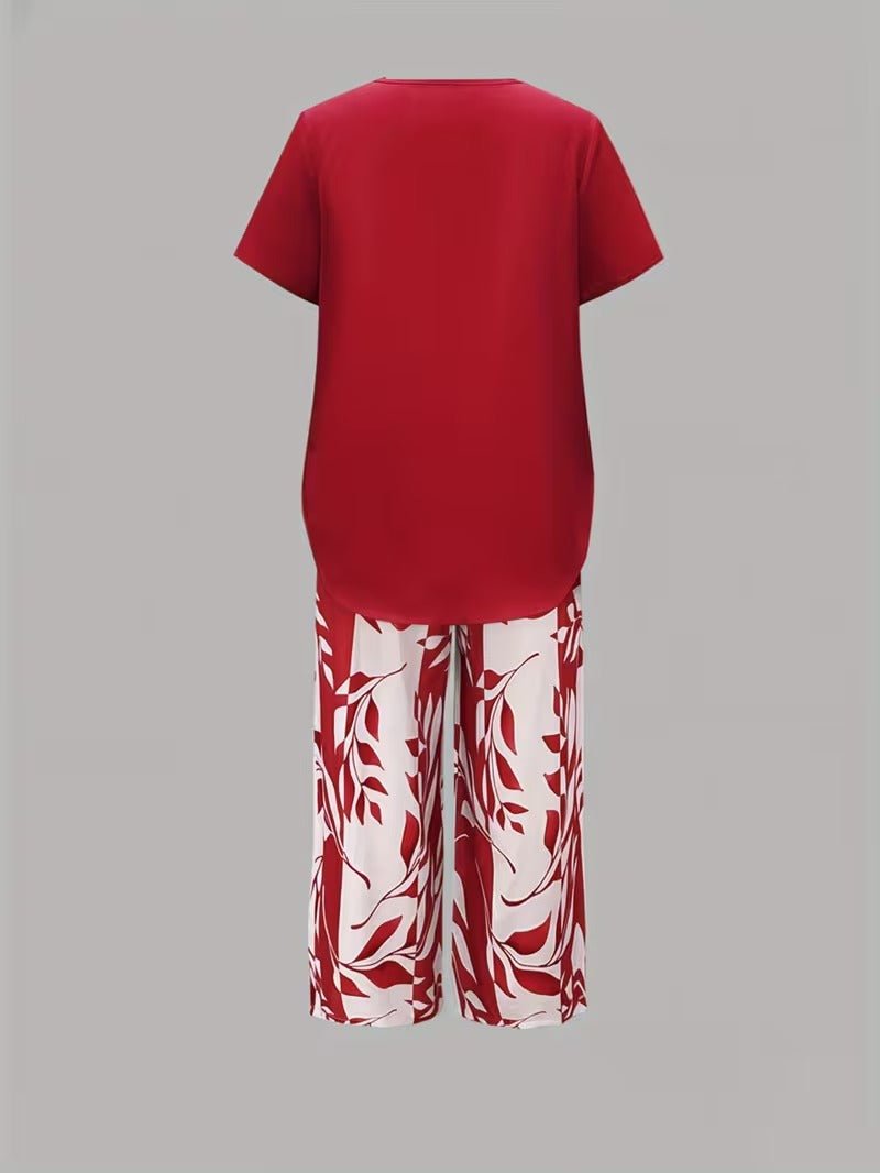 Evie | Women's Short Sleeve Layered Top Leaf Print Co-ord Set