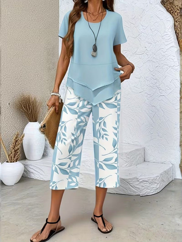 Evie | Women's Short Sleeve Layered Top Leaf Print Co-ord Set