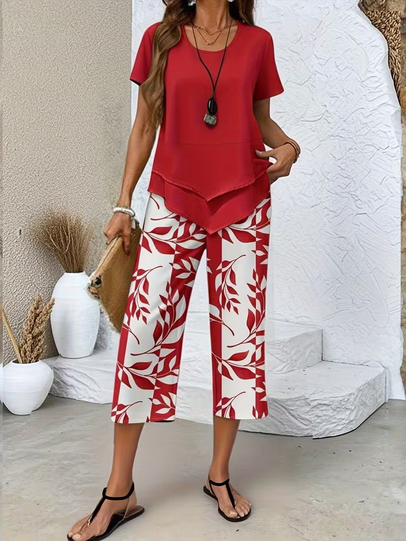 Evie | Women's Short Sleeve Layered Top Leaf Print Co-ord Set