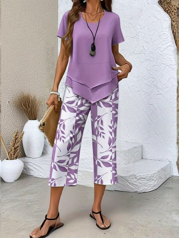 Evie | Women's Short Sleeve Layered Top Leaf Print Co-ord Set