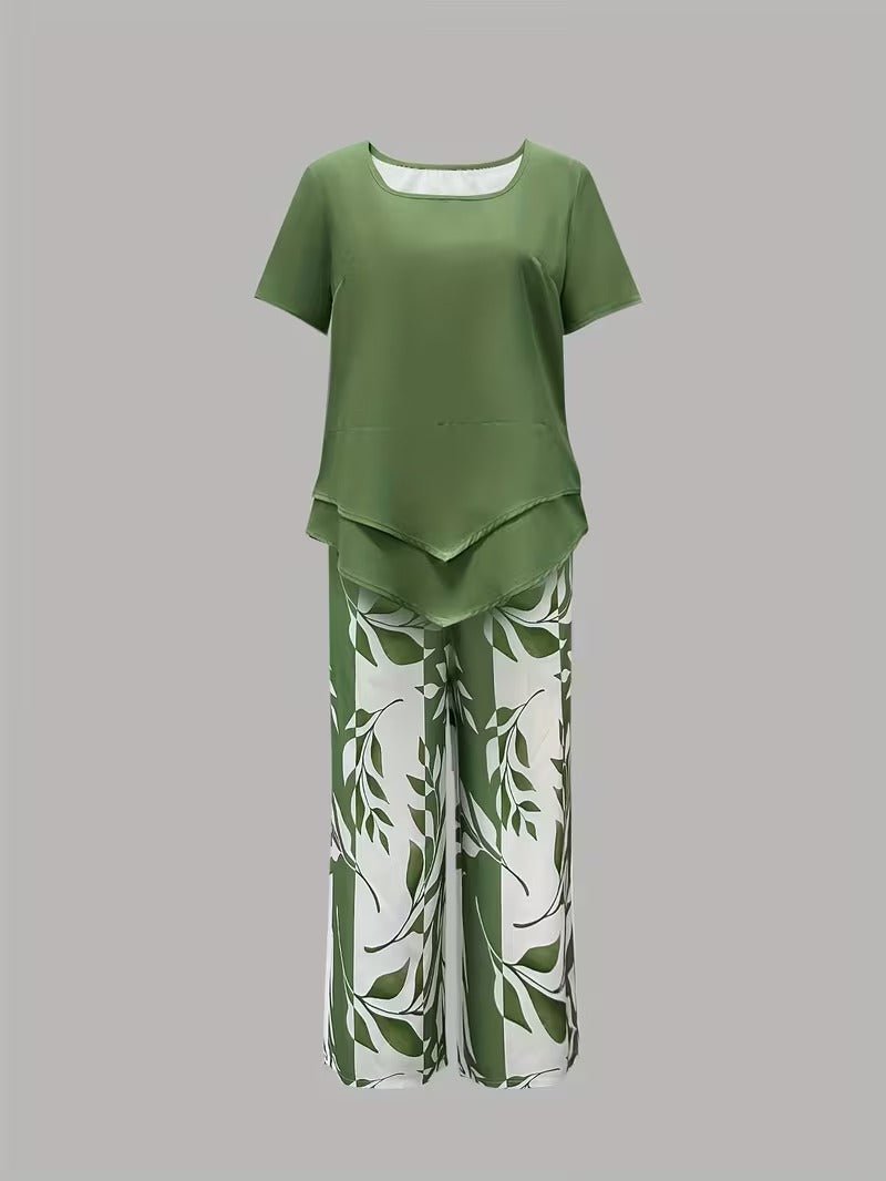 Evie | Women's Short Sleeve Layered Top Leaf Print Co-ord Set