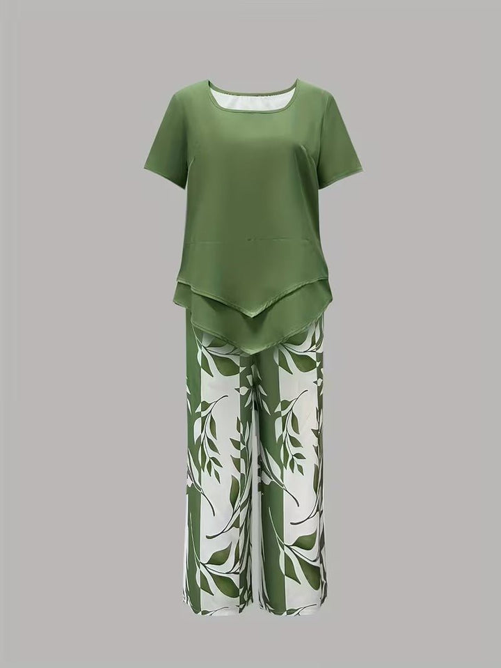 Evie | Women's Short Sleeve Layered Top Leaf Print Co-ord Set