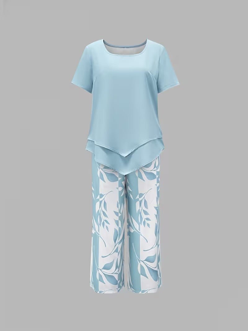 Evie | Women's Short Sleeve Layered Top Leaf Print Co-ord Set
