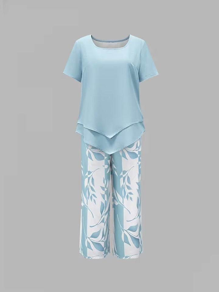 Evie | Women's Short Sleeve Layered Top Leaf Print Co-ord Set