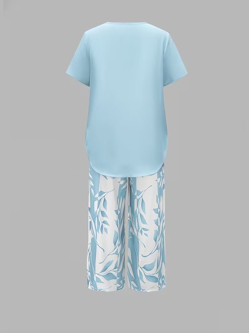 Evie | Women's Short Sleeve Layered Top Leaf Print Co-ord Set