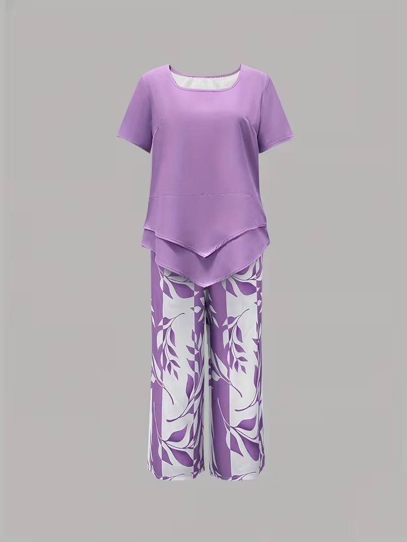Evie | Women's Short Sleeve Layered Top Leaf Print Co-ord Set