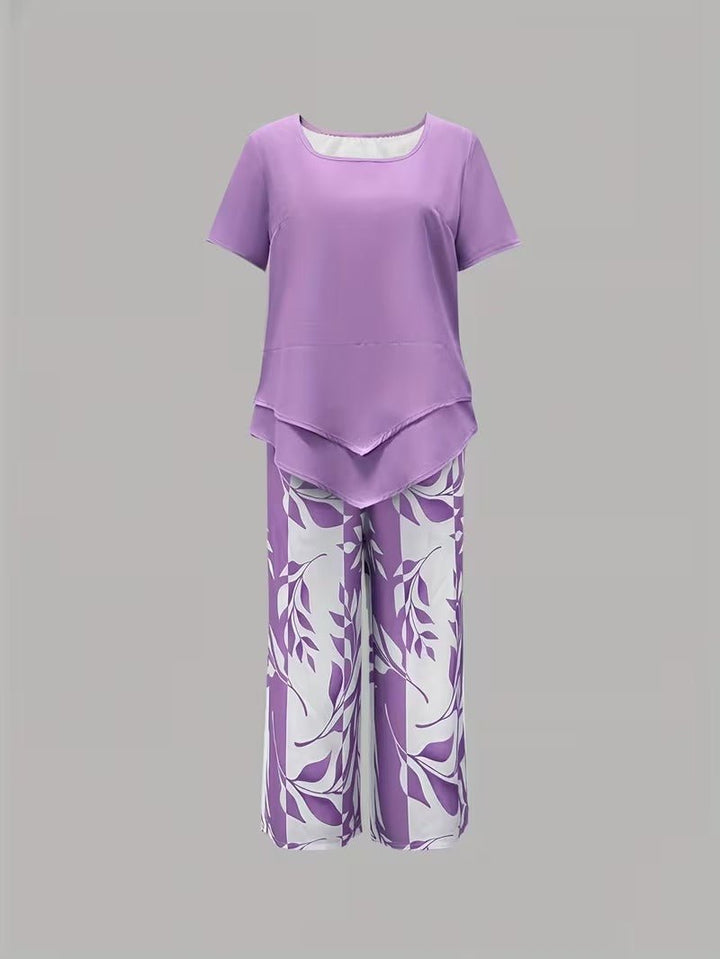 Evie | Women's Short Sleeve Layered Top Leaf Print Co-ord Set