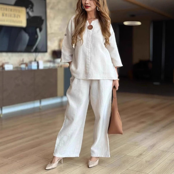 Millie | Women's Linen Three-Quarter Sleeve Wide-Leg Co-ord Set