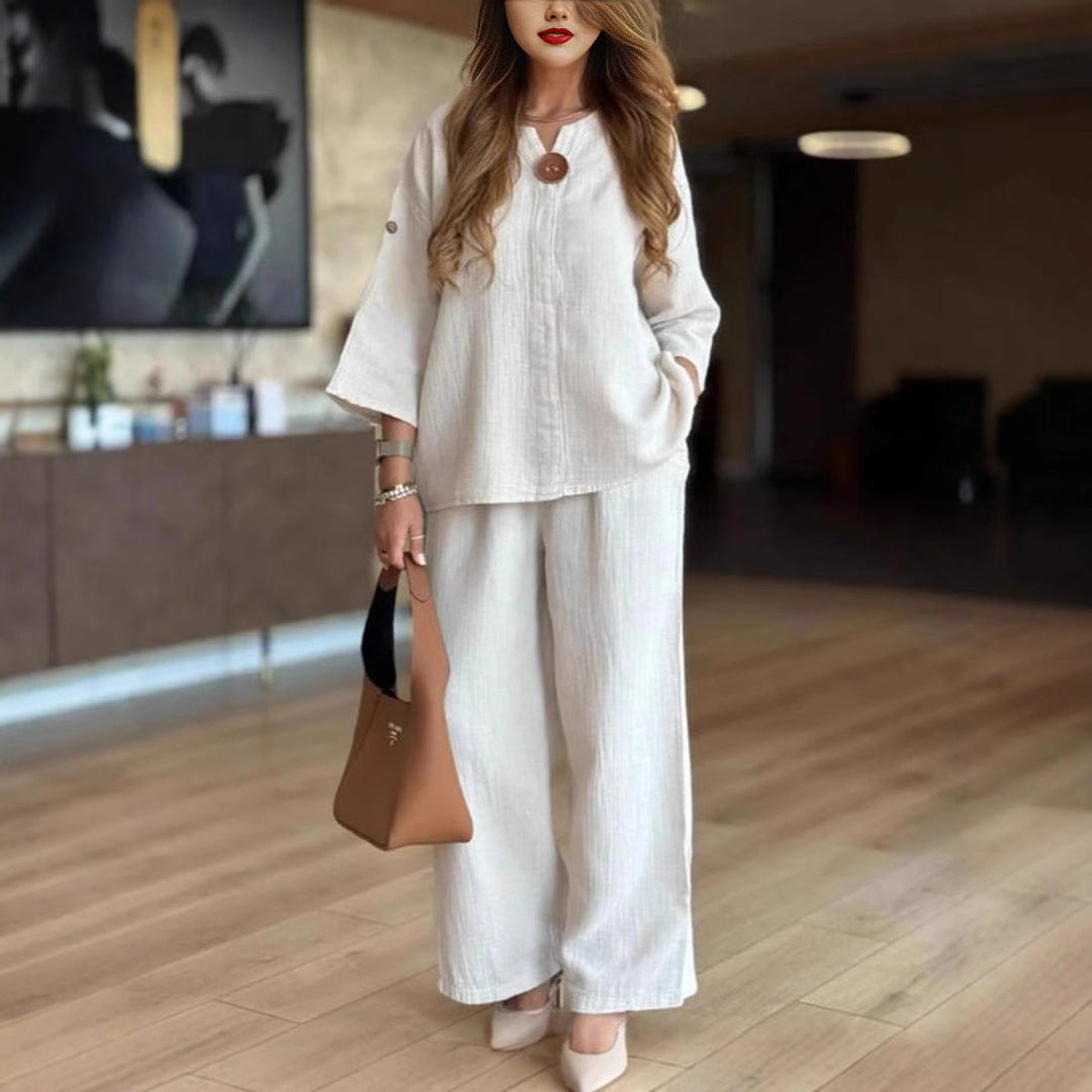 Millie | Women's Linen Three-Quarter Sleeve Wide-Leg Co-ord Set