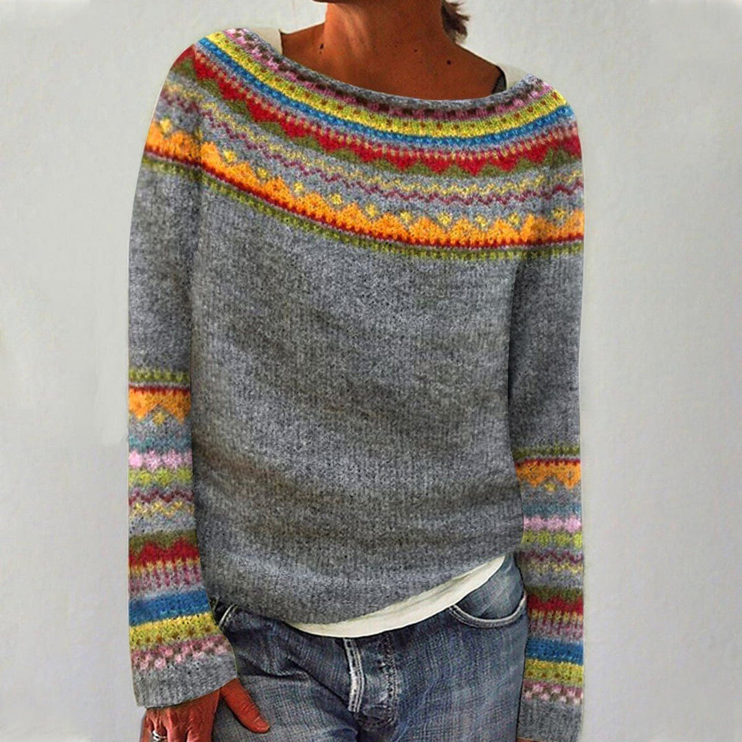 Women's Retro Striped Knit Pullover Sweater Boho Patterned Jumper