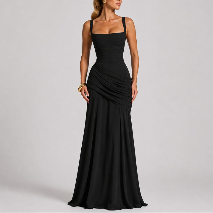 Women's Ruched Square-Neck Maxi Fall Wedding Guest Dress - Black