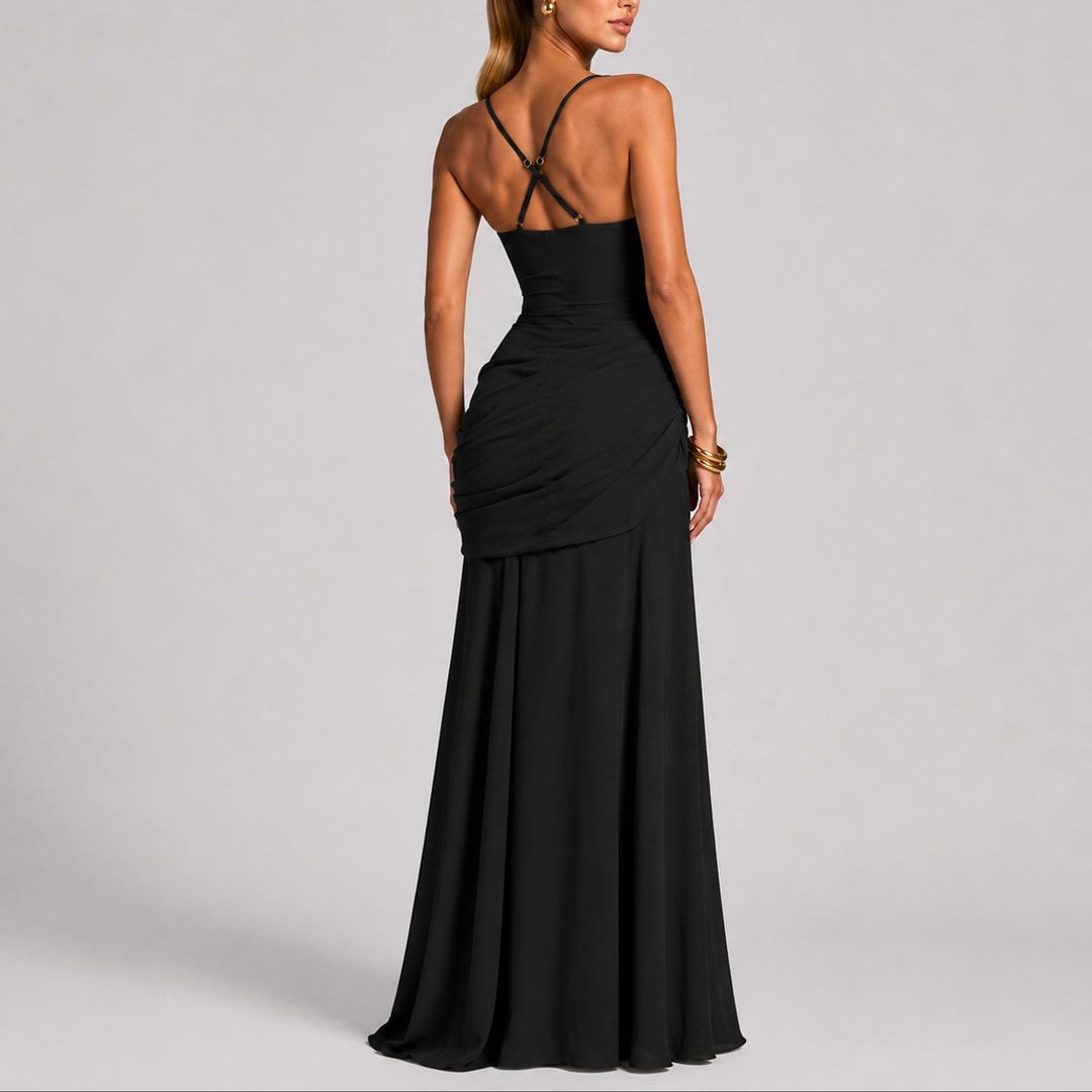 Women's Ruched Square-Neck Maxi Fall Wedding Guest Dress
