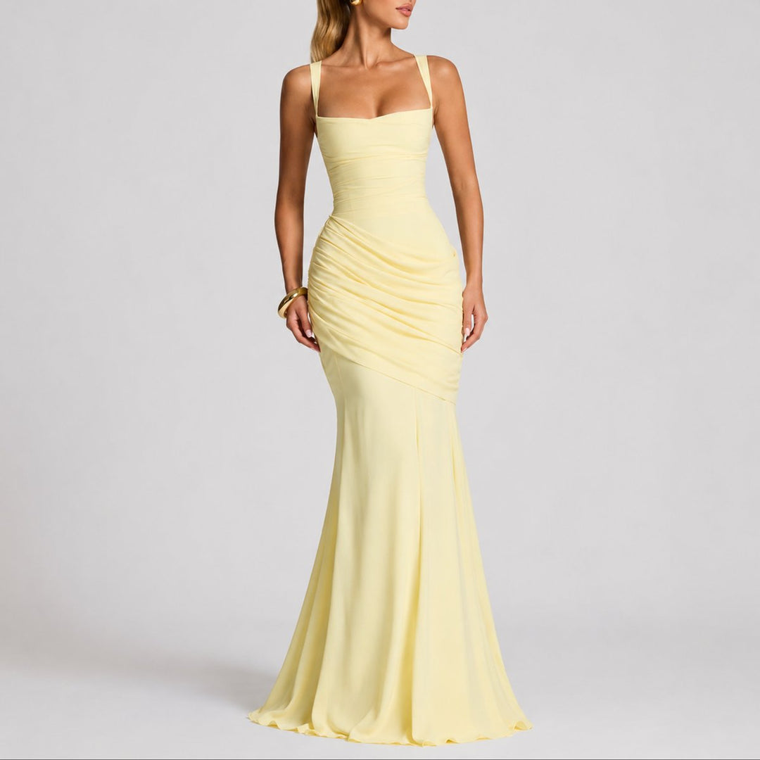 Women's Ruched Square-Neck Maxi Fall Wedding Guest Dress - Yellow