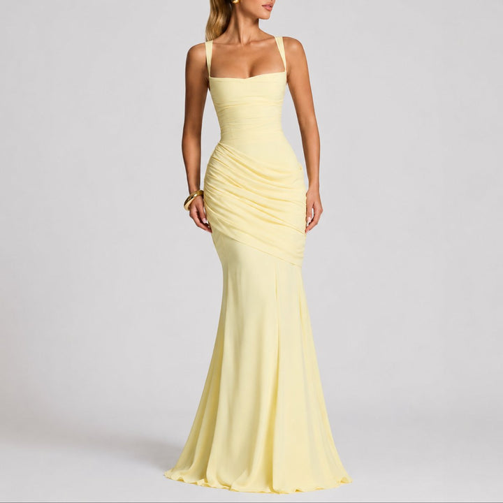 Women's Ruched Square-Neck Maxi Fall Wedding Guest Dress - Yellow