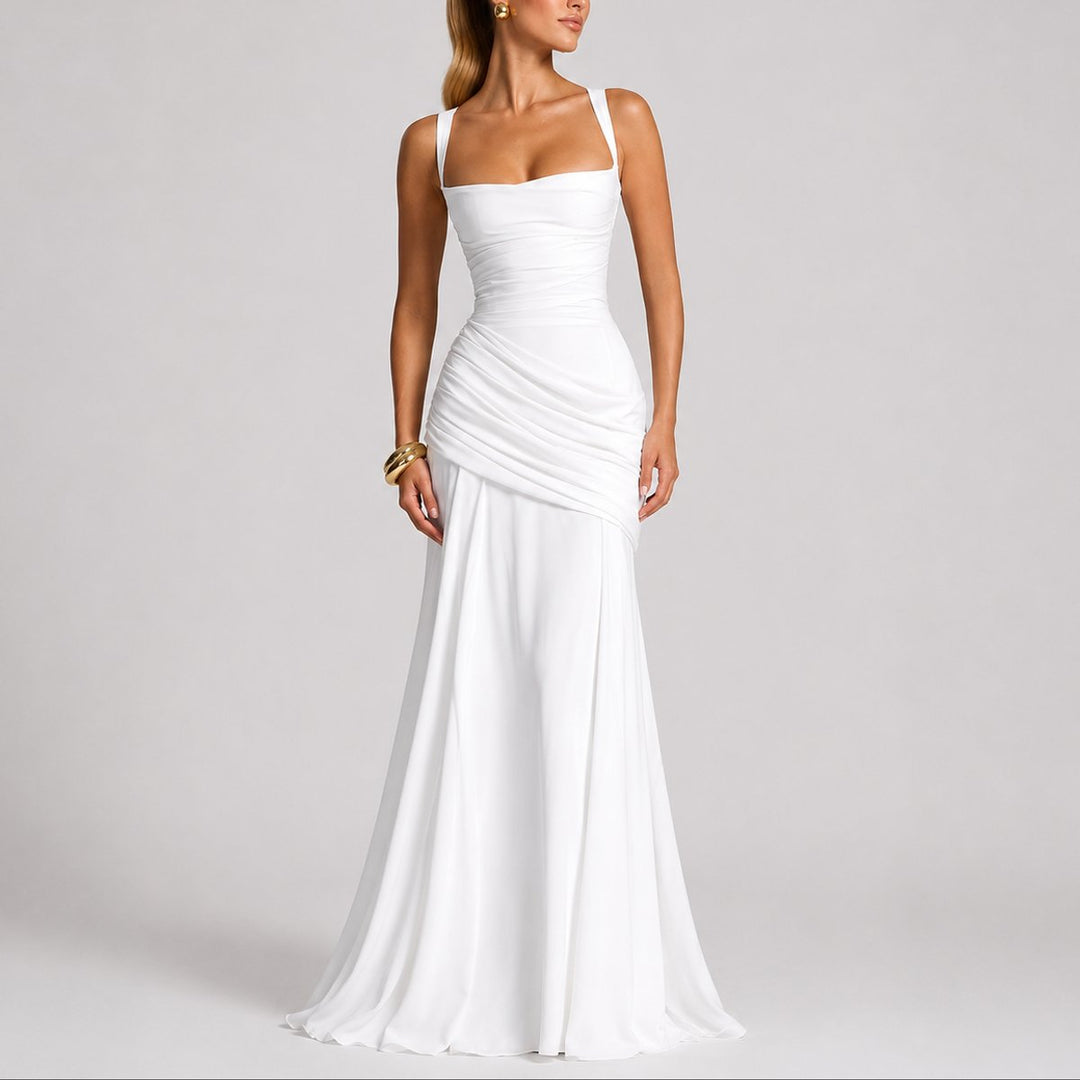 Women's Ruched Square-Neck Maxi Fall Wedding Guest Dress - White