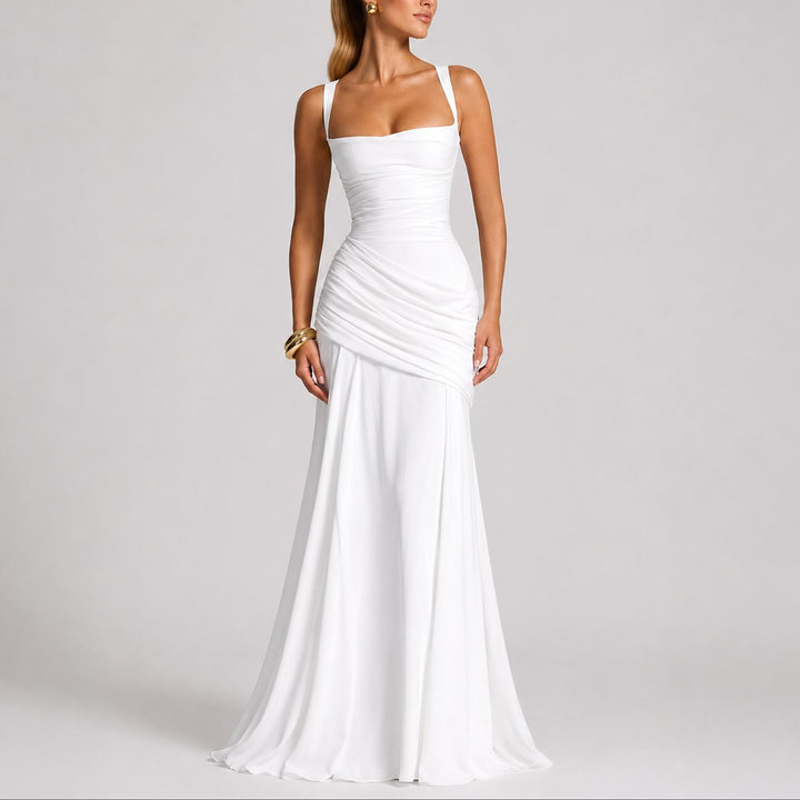 Women's Ruched Square-Neck Maxi Fall Wedding Guest Dress - White