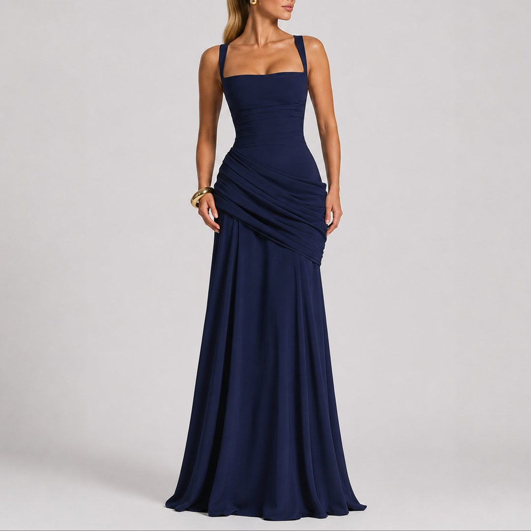 Women's Ruched Square-Neck Maxi Fall Wedding Guest Dress - Navy