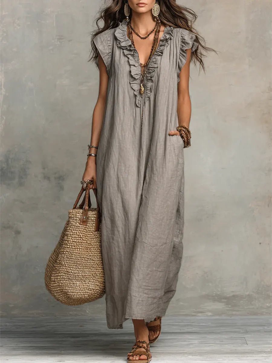 Phoebe | Women's Loose Linen Ruffle V-Neck Flutter Sleeve Maxi Dress