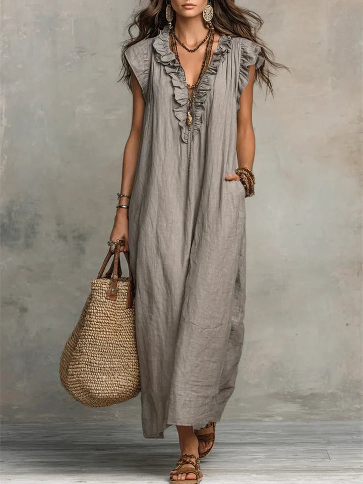 Phoebe | Women's Loose Linen Ruffle V-Neck Flutter Sleeve Maxi Dress