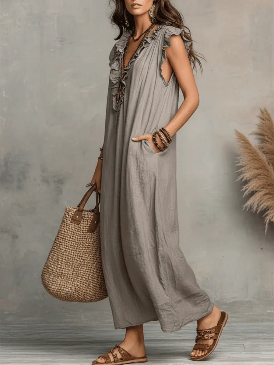 Phoebe | Women's Loose Linen Ruffle V-Neck Flutter Sleeve Maxi Dress
