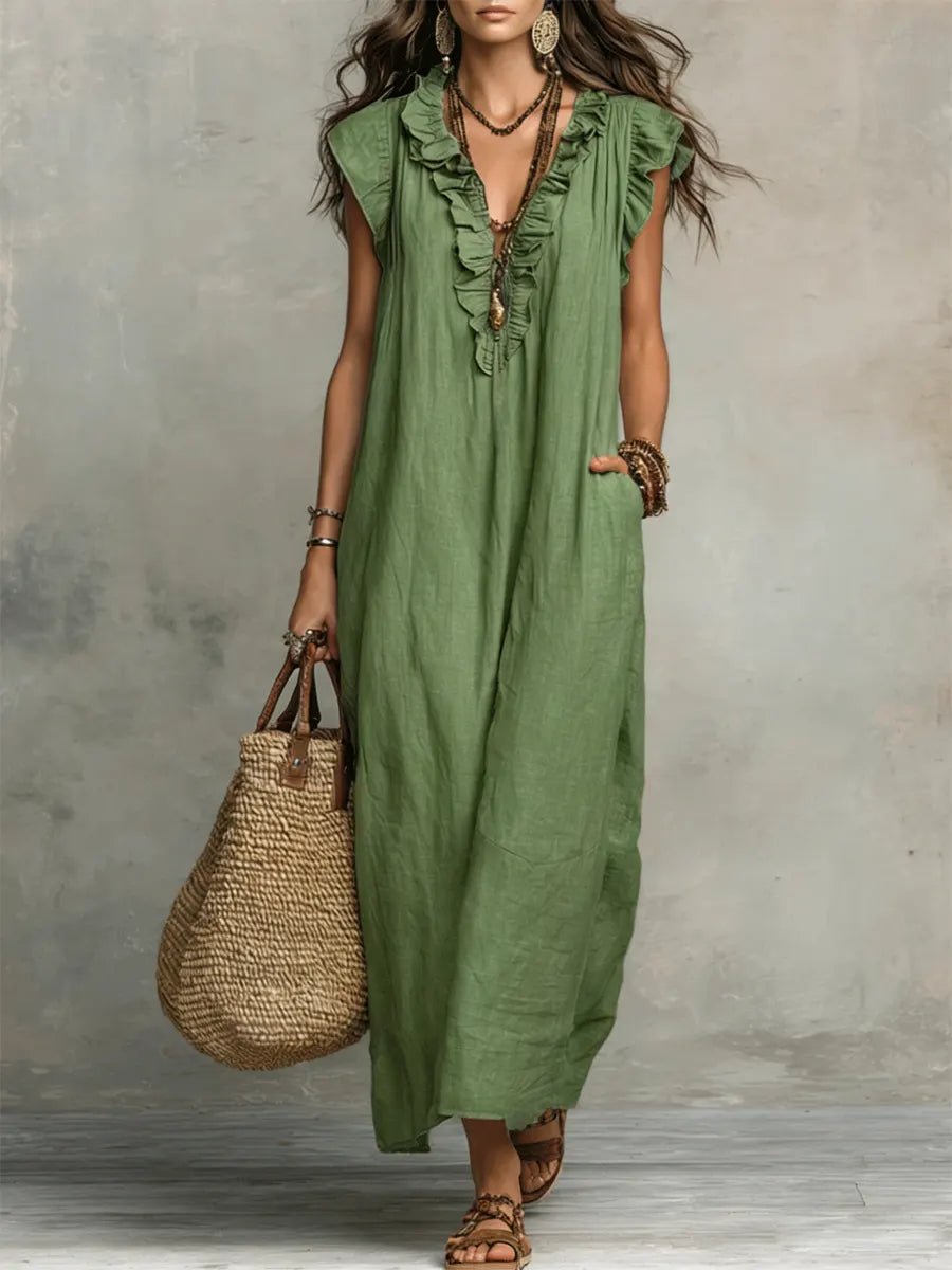 Phoebe | Women's Loose Linen Ruffle V-Neck Flutter Sleeve Maxi Dress