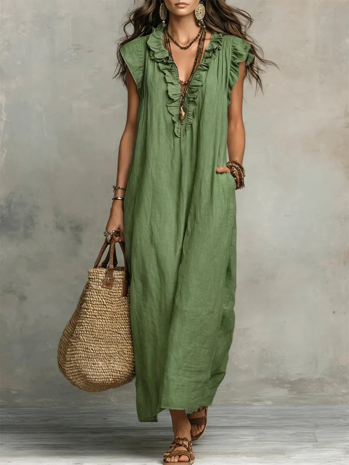 Phoebe | Women's Loose Linen Ruffle V-Neck Flutter Sleeve Maxi Dress