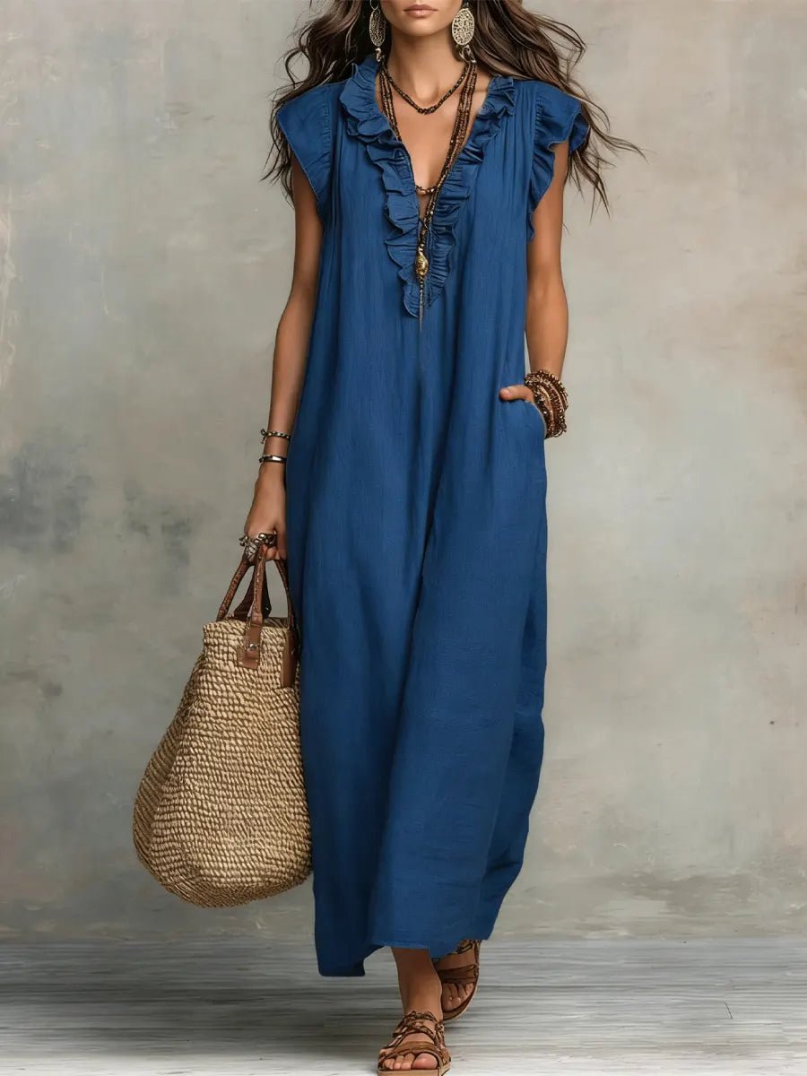 Phoebe | Women's Loose Linen Ruffle V-Neck Flutter Sleeve Maxi Dress