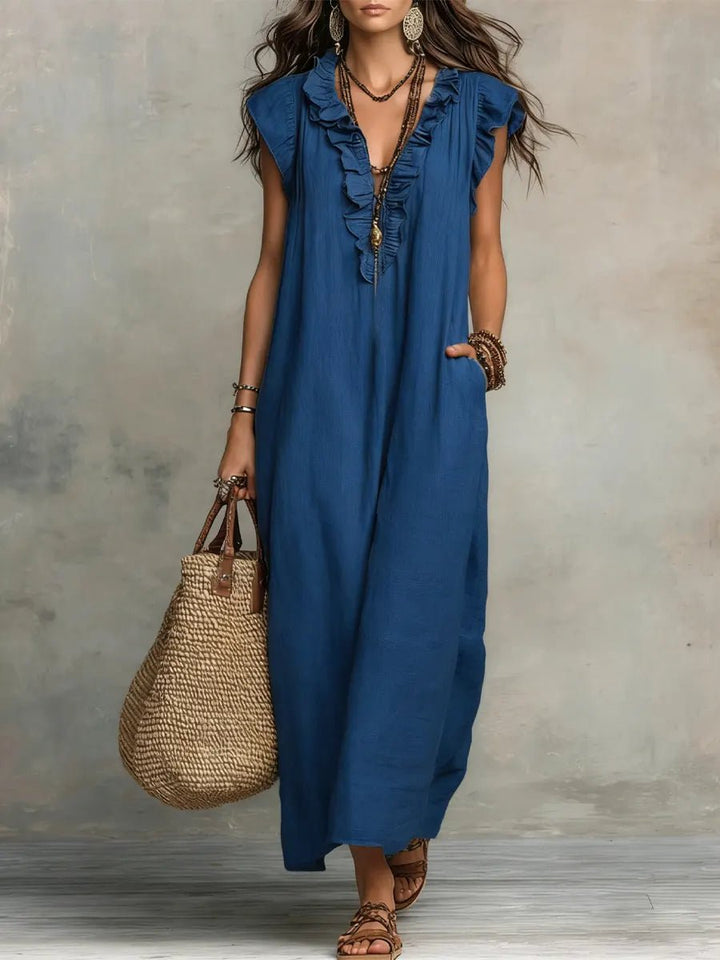 Phoebe | Women's Loose Linen Ruffle V-Neck Flutter Sleeve Maxi Dress