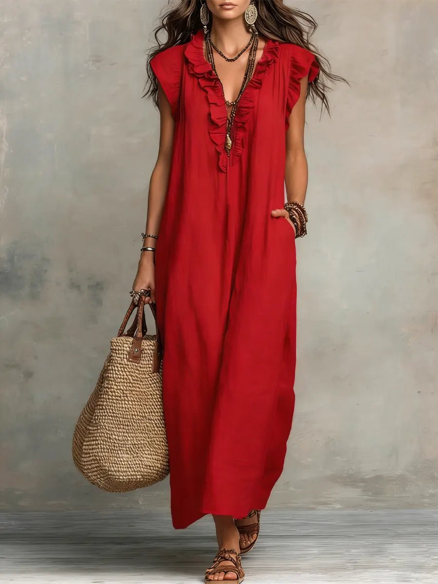 Phoebe | Women's Loose Linen Ruffle V-Neck Flutter Sleeve Maxi Dress