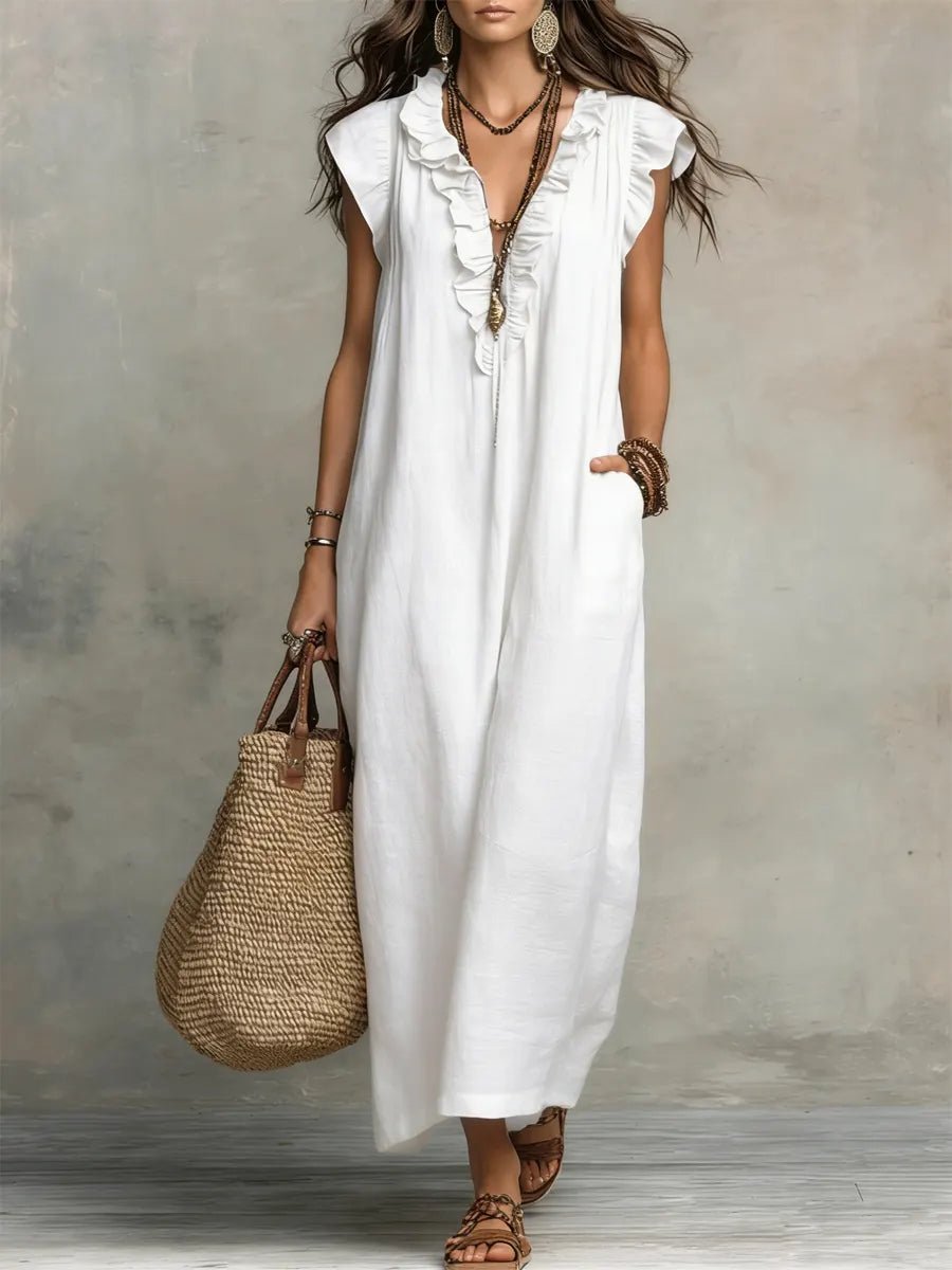 Phoebe | Women's Loose Linen Ruffle V-Neck Flutter Sleeve Maxi Dress