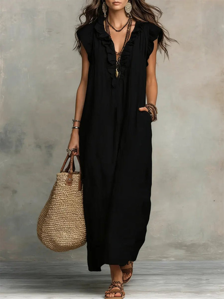 Phoebe | Women's Loose Linen Ruffle V-Neck Flutter Sleeve Maxi Dress
