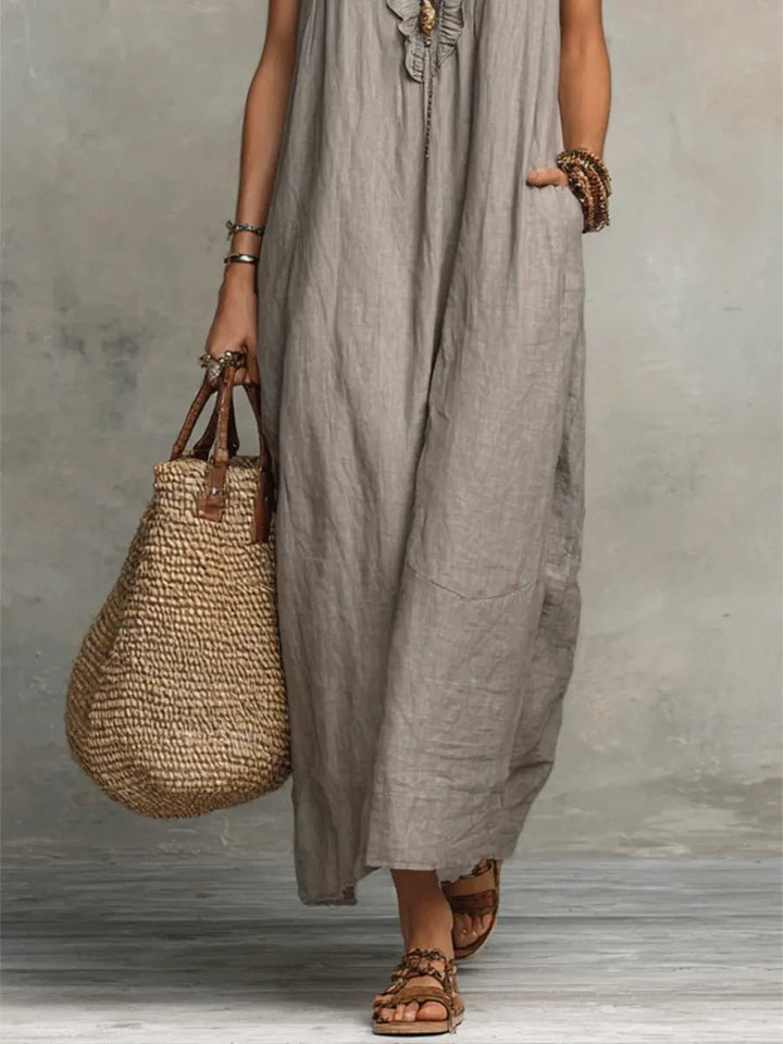Phoebe | Women's Loose Linen Ruffle V-Neck Flutter Sleeve Maxi Dress