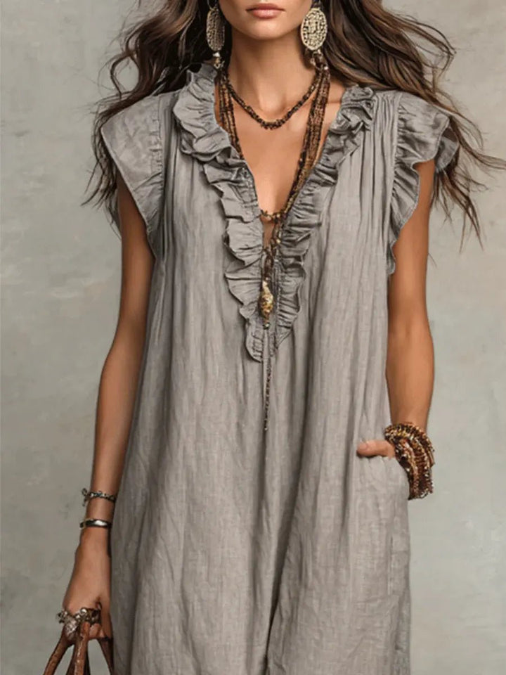 Phoebe | Women's Loose Linen Ruffle V-Neck Flutter Sleeve Maxi Dress