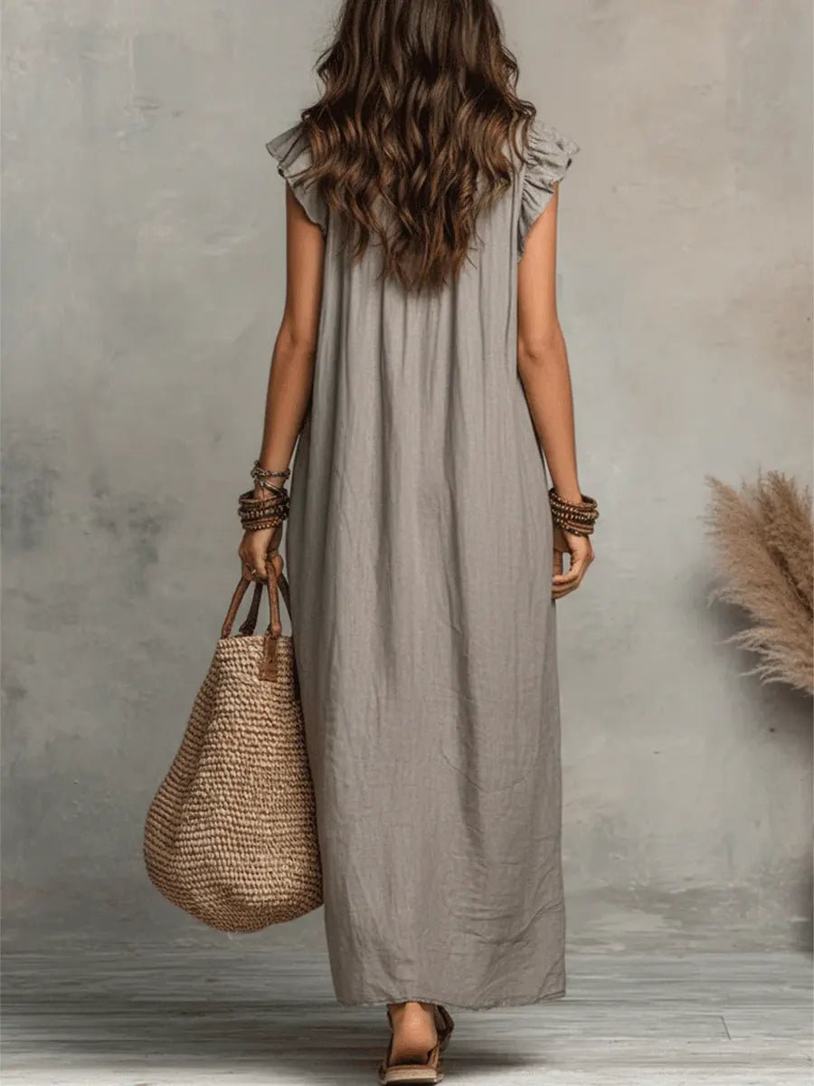 Phoebe | Women's Loose Linen Ruffle V-Neck Flutter Sleeve Maxi Dress