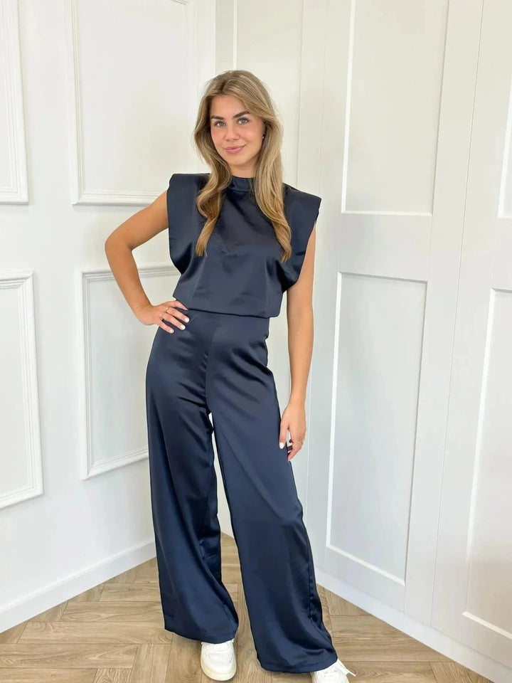 Women's Satin Wide-Leg Sleeveless Mock-Neck Jumpsuit - Marineblauw