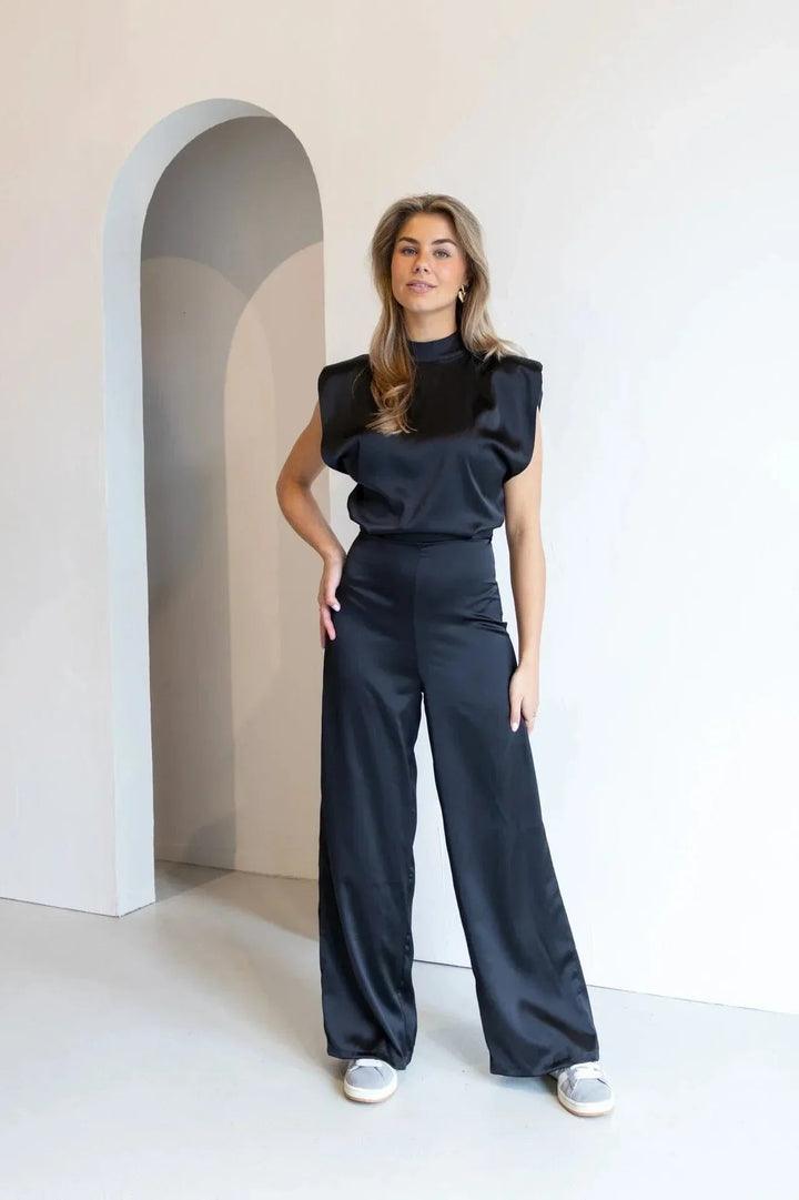 Women's Satin Wide-Leg Sleeveless Mock-Neck Jumpsuit