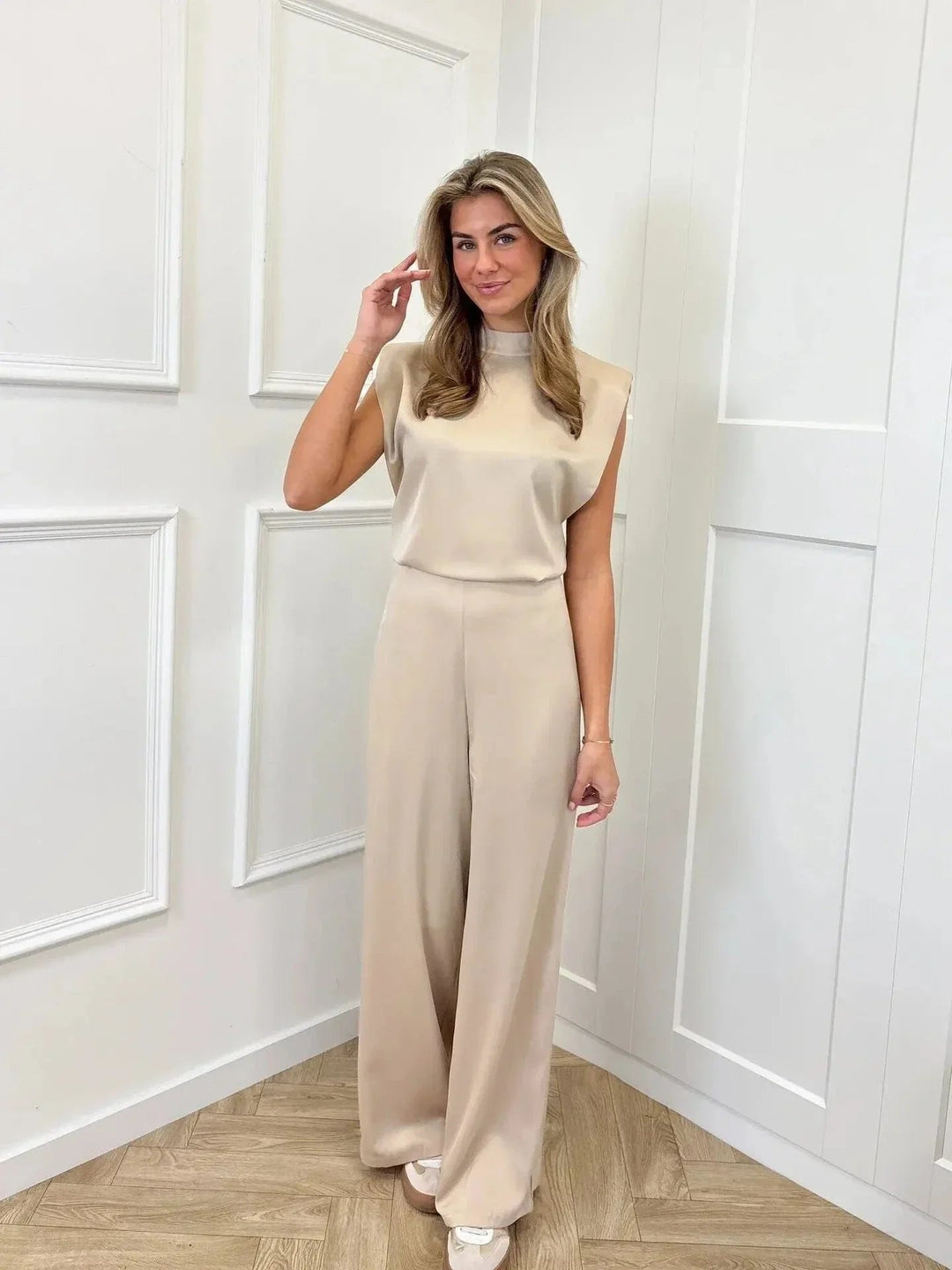 Women's Satin Wide-Leg Sleeveless Mock-Neck Jumpsuit