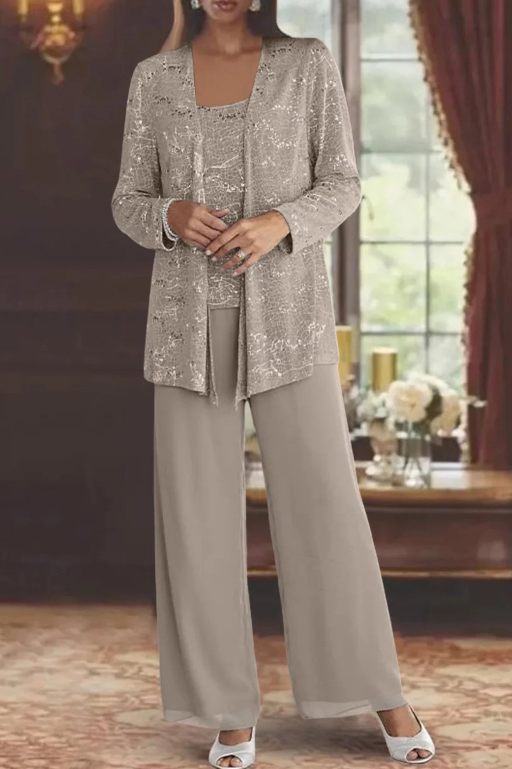 Charlotte | Women's Sequin Open Front Wide-Leg Three-Piece Trouser Set